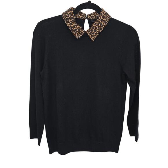 NWOT J.Crew Black Wool Sweater Sz S Leopard Print statement Collar Preppy Chic - Picture 1 of 9